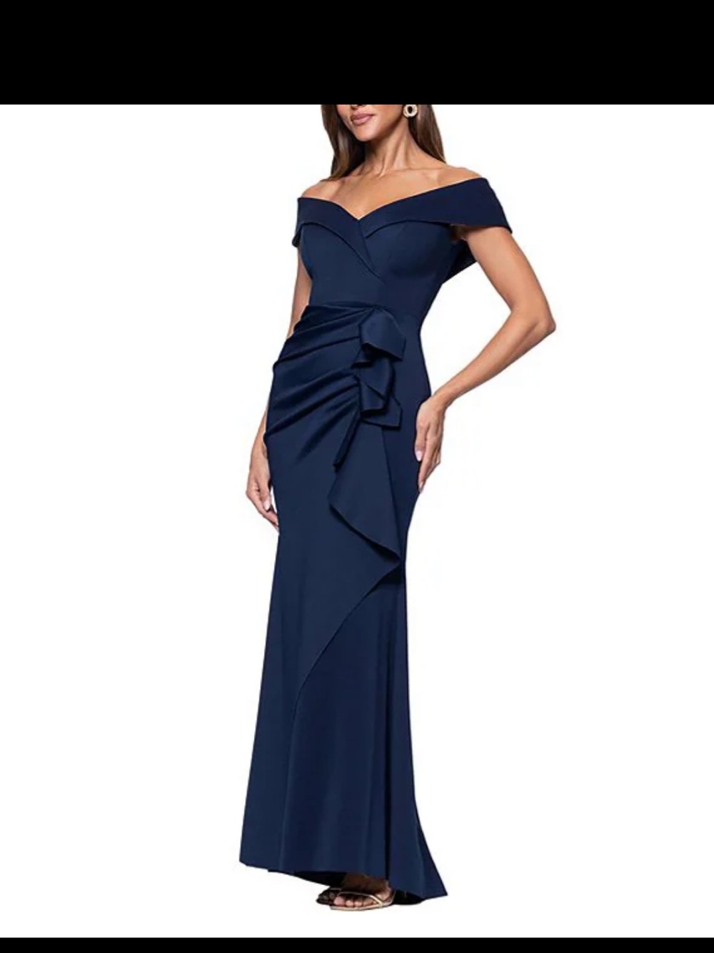 Xscape Navy One-Shoulder Evening Gown with Side Ruffle